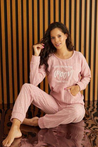Жіноча тепла піжама з флісу полар з написом темна-пудра, Love You PJ37302XL фото