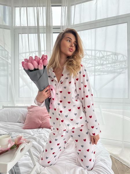 Домашня жіноча піжама COSY червоні серця на білому (сорочка+штани) F43P2ХL фото