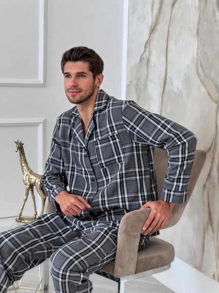 Піжама чоловіча COSY з фланелі (штани+сорочка) клітина сіро-чорна F671P3XL фото