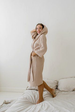 Жіночий вафельний халат COSY з капюшоном беж 2023XL фото