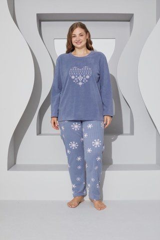 Жіноча тепла піжама блакитна з флісу полар батал, Сніжинка SS225205XL фото