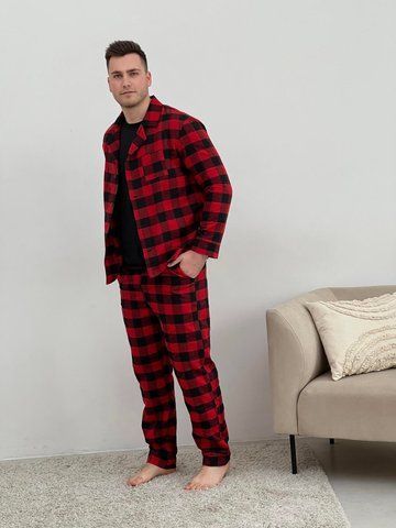 Піжама чоловіча COSY з фланелі (штани+сорочка+футболка) клітина червоно/чорна F701P_ N+f022XL фото