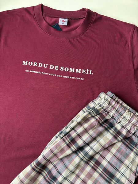 Чоловіча бавовняна піжама "SOMMEIL" футболка та штани в клітину 8102XLбордо фото