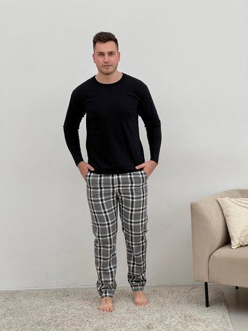 Домашня піжама для чоловіків COSY із фланелі (штани+лонгслів чорний) в клітину сірі F900P_N+L022XL фото