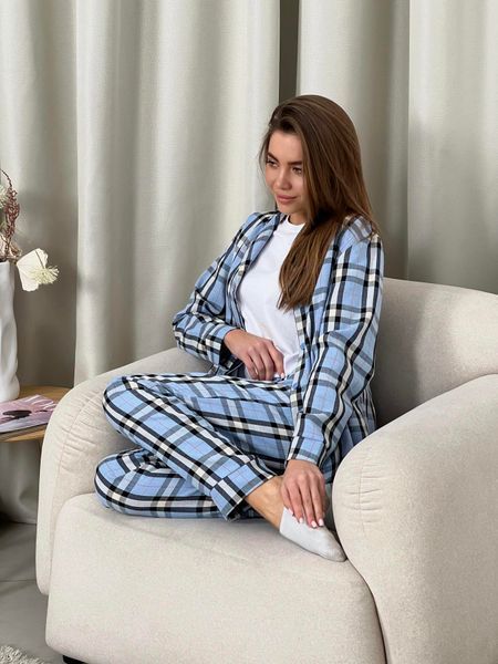 Домашня жіноча піжама COSY у клітинку блакитна (сорочка+штани+футболка) F91P+f01ws фото