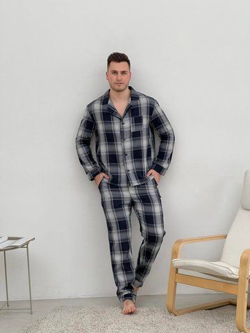 Піжама чоловіча COSY з фланелі (штани+сорочка) клітина темно синій/сірий F601P3XL фото