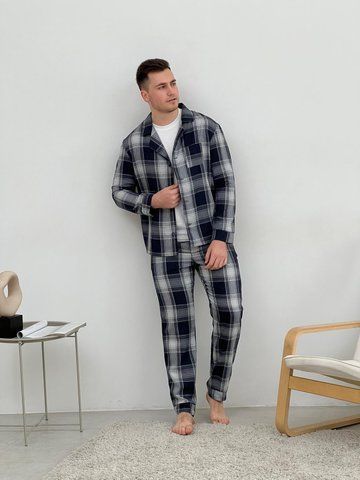 Піжама чоловіча COSY з фланелі (штани+сорочка+футболка) клітина темно-синій/сірий F601P+f012XL фото