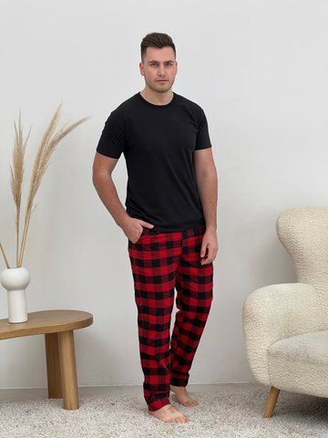 Домашня піжама для чоловіків COSY із фланелі (штани+футболка чорна) червоно/чорні F700P+f02 фото