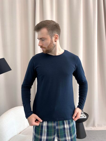 Домашня піжама для чоловіків COSY із фланелі (штани+лонгслів темно синій) в клітину синьо-зелені F800P+L04 фото