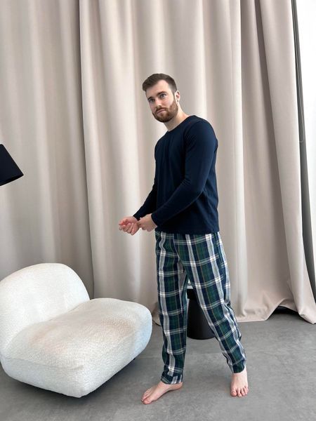 Домашня піжама для чоловіків COSY із фланелі (штани+лонгслів темно синій) в клітину синьо-зелені F800P+L04 фото