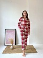 Жіноча піжама тепла домашній костюм у клітинку COSY штани+сорочка XL червоно/біла F61P