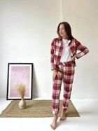 Жіноча тепла домашня піжама COSY трійка S: (сорочка, штани, футболка) у клітинку червоно/білого кольору (P-F61P+P-F01ws/S)