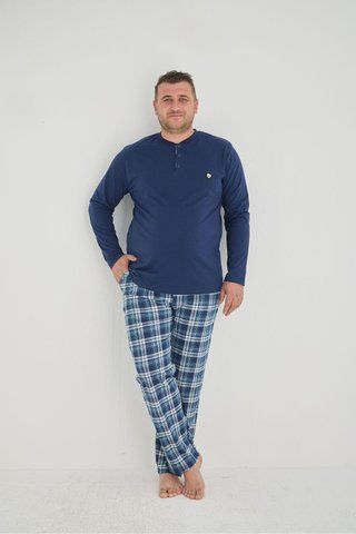 Чоловіча бавовняна піжама "Cameron Premium" батал лонгслів та штани в клітину, синя клітинка PJ6720-25XL фото