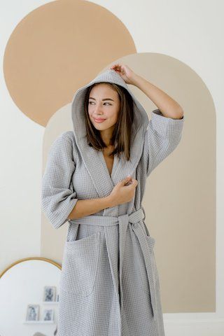 Жіночий Халат COSY з капюшоном вафельний сірий 2013XL фото
