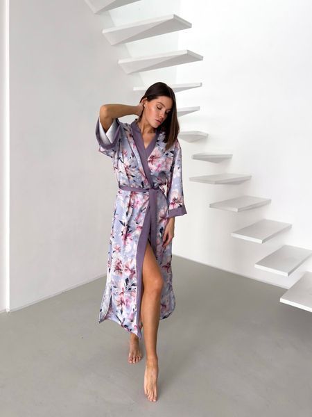 Жіночий халат кімоно довгий Morning Bloom квіти на лавандовому кольорі MB22XL/3XL фото